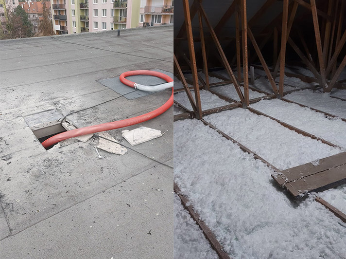 Izolacja poddasza i fundamentów w procesie ocieplania domu. Widok na otwór w dachu i przygotowaną przestrzeń do aplikacji izolacji pianą PUR, która skutecznie poprawia efektywność energetyczną budynku.