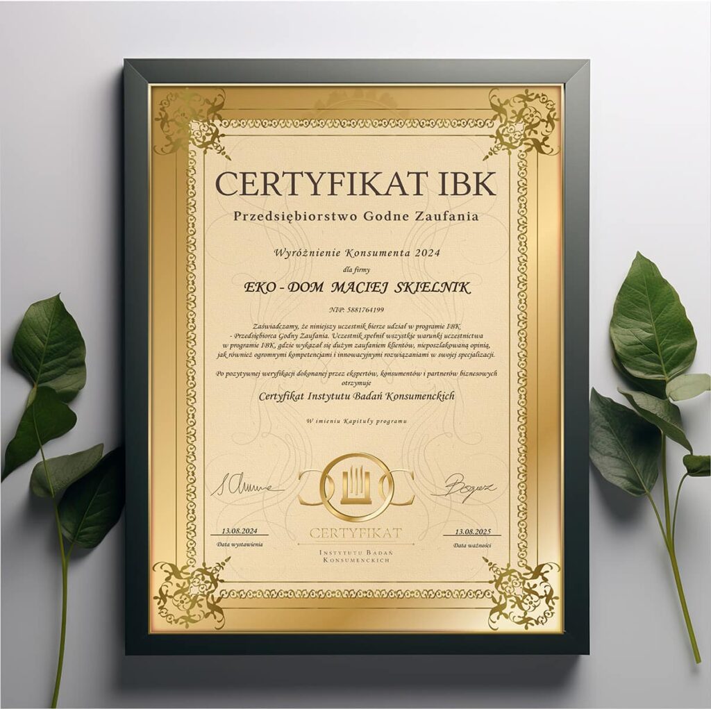 Certyfikat IBK dla firmy zajmującej się izolacją poddasza i fundamentów, z doświadczeniem w ocieplaniu domów pianą PUR. Dokument potwierdzający wysoką jakość usług w zakresie izolacji budynków.